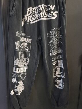 Black Graphic Jogger Sweatpants with White Anime Prints